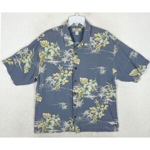 Tommy Bahama Hawaiian Shirt Mens Large Button Up Blue Silk Floral Island Tree